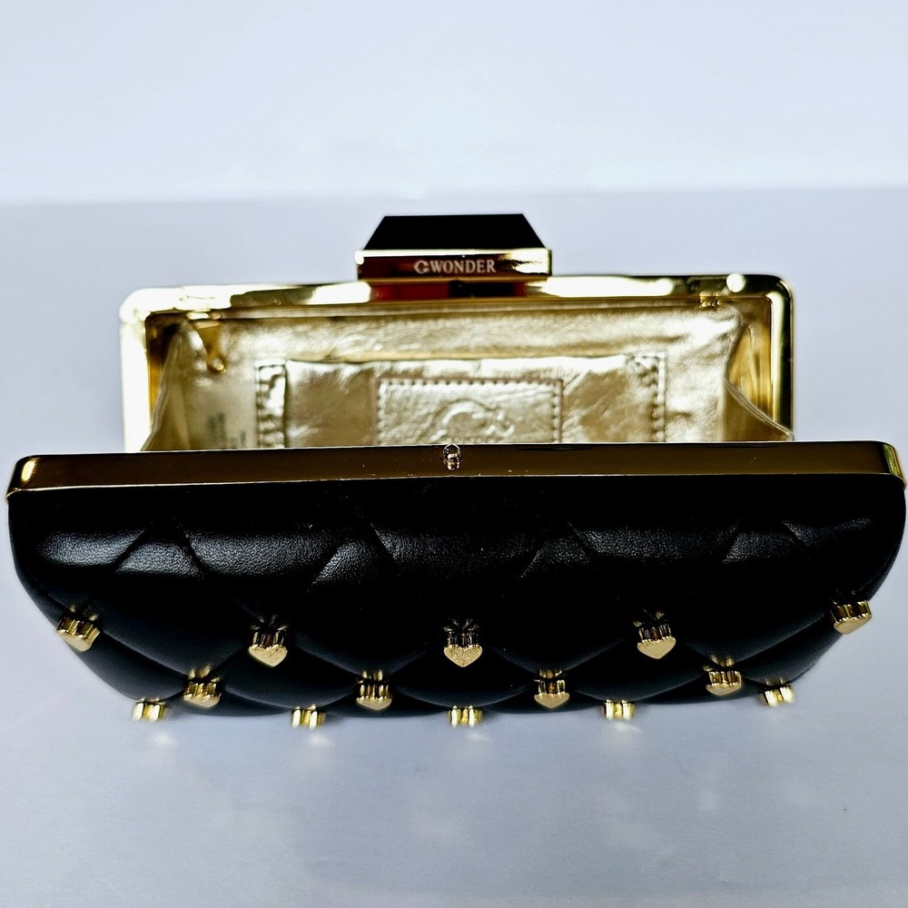 C. Wonder Black Quilted Leather Heart Stud Minaudiere Clutch Evening Bag Gold